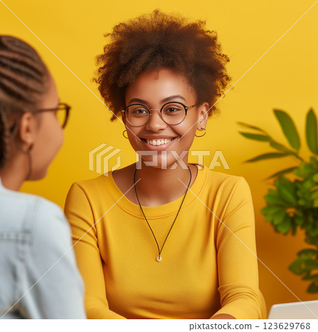 A woman wearing glasses and a yellow shirt is smiling at the camera. Therapy concept A woman wearing glasses and a yellow shirt is smiling at the camera. Therapy concept 123629768