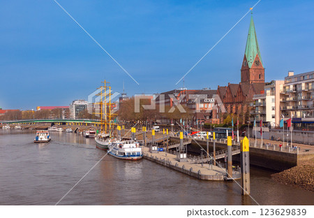 Alexander von Humboldt Ship and St. Martini Church, Bremen, Germany 123629839