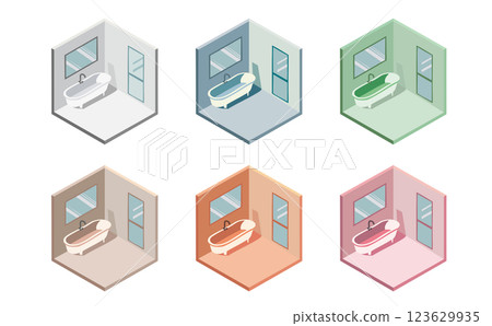 Bathroom isometric illustration set of 6 colors Bathroom isometric illustration set of 6 colors 123629935