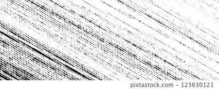 Grunge halftone diagonal scratch background. Fading grit noise texture. Dotted pop art sandy wallpaper. Retro pixel backdrop. Anime or manga style comic overlay. Vector slanted halfton glitch template 123630121