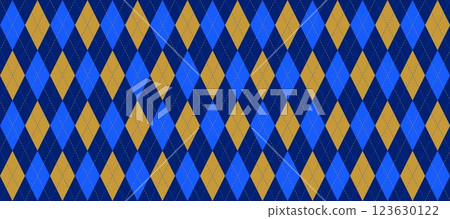 Blue yellow seamless argyle pattern. Dark navy rhombus repeated texture wallpaper. Masculine stitched diamond background for textile design, fabric swatch, scarf cloth, suit print. Vector backdrop  123630122