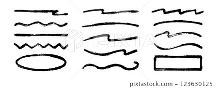 Straight, zigzag and wavy paint line set. Sketch brush stroke and frames collection. Rough charcoal stripes and forms for highlight, underline, emphasis. Vector hand drawn textured crayon chalk strips 123630125