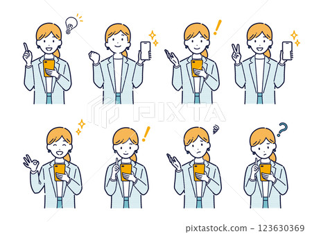 一位女商人手持智慧型手機的插畫集 一位女商人手持智慧型手機的插畫集 123630369