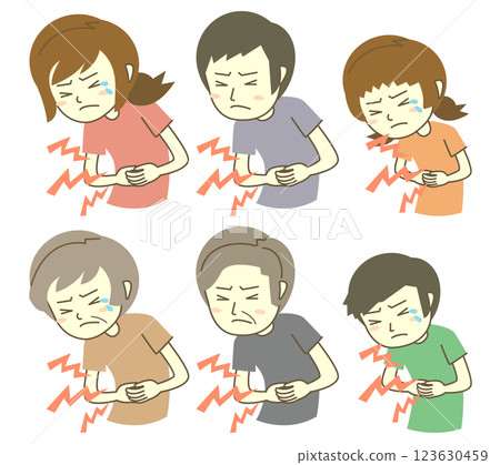 Illustration set of men and women of all ages complaining of stomach pain Illustration set of men and women of all ages complaining of stomach pain 123630459