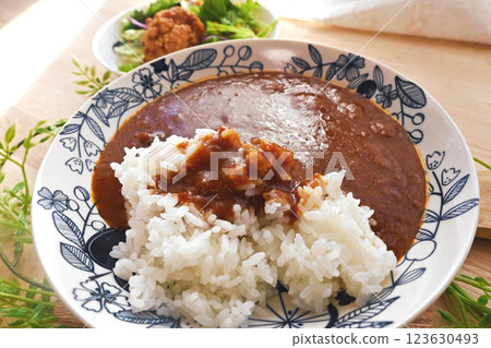 咖哩，米飯和沙拉 123630493