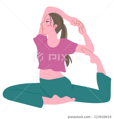 Woman doing yoga pigeon pose 123630619