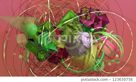 Abstract Art With Vibrant Geometric Shapes And Swirling Lines 3D Illustration Abstract Art With Vibrant Geometric Shapes And Swirling Lines 3D Illustration 123630756