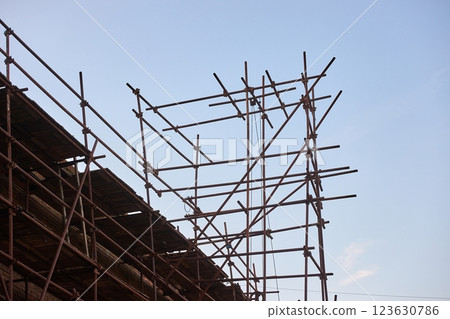 Scaffolding at a construction site looking unsafe 123630786