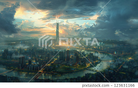 The city's skyline glows at twilight with lights from skyscrapers and busy streets.  generate Ai 123631166