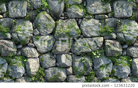 A close-up view of a stone path with vibrant green moss and tiny plants. Generate AI 123631220