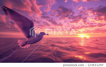 Seagull Soaring Over Pink Sunset Seascape, Generate Ai 123631297