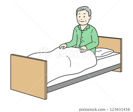 一位穿著睡衣的微笑老人起床和一張護理床 123631438