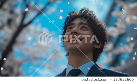 櫻花下微笑的男人 123631600