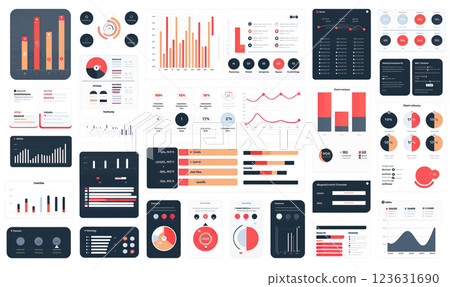 An array of colorful infographics displaying various data An array of colorful infographics displaying various data 123631690