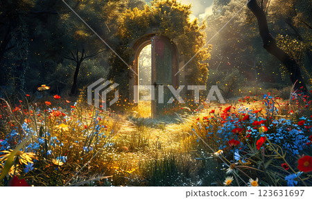 An ethereal scene with a standalone doorway amidst a sunlit natural landscape. Generate Ai 123631697
