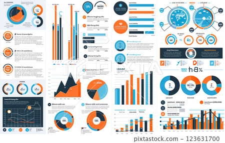 An array of colorful infographics displaying various data  123631700