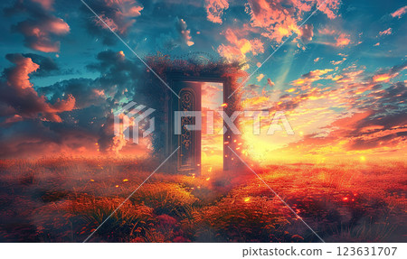 An ethereal scene with a standalone doorway amidst a sunlit natural landscape. Generate Ai An ethereal scene with a standalone doorway amidst a sunlit natural landscape. Generate Ai 123631707