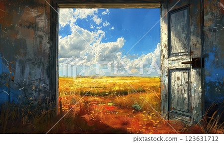 An ethereal scene with a standalone doorway amidst a sunlit natural landscape. Generate Ai 123631712