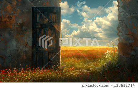 An ethereal scene with a standalone doorway amidst a sunlit natural landscape. Generate Ai 123631714