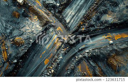 Abstract view of tire tracks on a gritty surface creating a winding pattern. Generate Ai 123631715