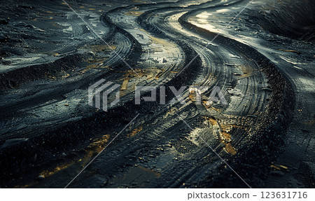 Abstract view of tire tracks on a gritty surface creating a winding pattern. Generate Ai 123631716
