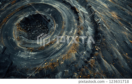 Abstract view of tire tracks on a gritty surface creating a winding pattern. Generate Ai 123631718