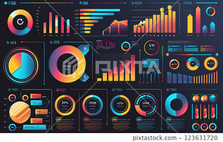 An array of colorful infographics displaying various data visualizations in a modern style. Generate AI 123631720