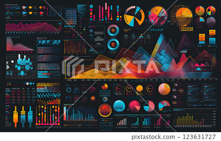 An array of colorful infographics displaying various data visualizations in a modern style. Generate AI 123631727