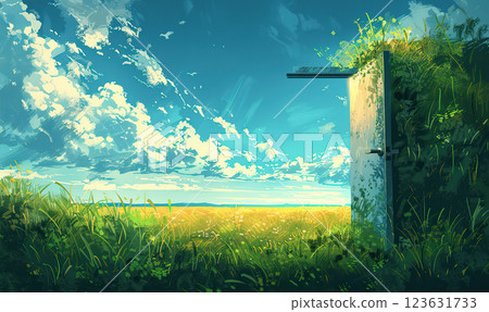 An ethereal scene with a standalone doorway amidst a sunlit natural landscape. Generate Ai An ethereal scene with a standalone doorway amidst a sunlit natural landscape. Generate Ai 123631733