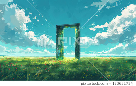 An ethereal scene with a standalone doorway amidst a sunlit natural landscape. Generate Ai An ethereal scene with a standalone doorway amidst a sunlit natural landscape. Generate Ai 123631734