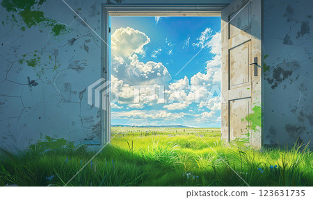 An ethereal scene with a standalone doorway amidst a sunlit natural landscape. Generate Ai 123631735