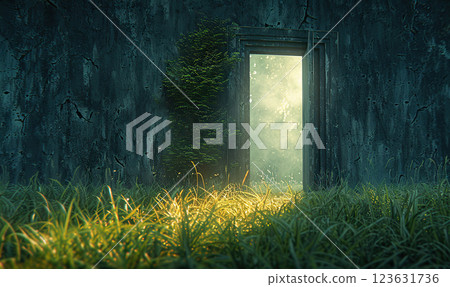 An ethereal scene with a standalone doorway amidst a sunlit natural landscape. Generate Ai An ethereal scene with a standalone doorway amidst a sunlit natural landscape. Generate Ai 123631736
