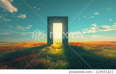 An ethereal scene with a standalone doorway amidst a sunlit natural landscape. Generate Ai 123631821