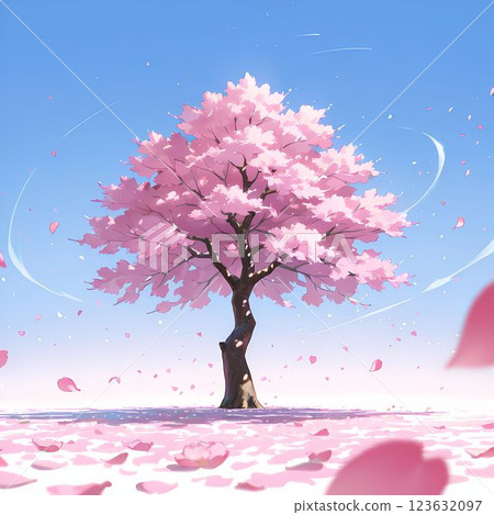 藍天下櫻花花瓣飄落的春日風景 123632097