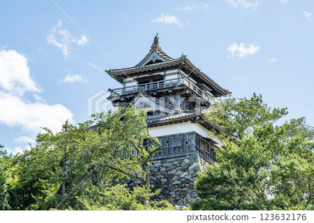 Sakai City, Fukui Prefecture, Japan's Top 100 Castle, Maruoka Castle Tower in fine weather 123632176