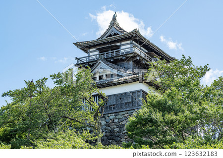 Sakai City, Fukui Prefecture, Japan's Top 100 Castle, Maruoka Castle Tower in fine weather 123632183