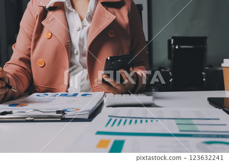 Cropped image of professional businesswoman working at her office via laptop, young female manager using portable computer device while sitting at modern loft, flare light, work process concept 123632241