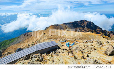 Climbing Mt. Ontake in summer: View from Kengamine towards the summit of Otaki Climbing Mt. Ontake in summer: View from Kengamine towards the summit of Otaki 123632324