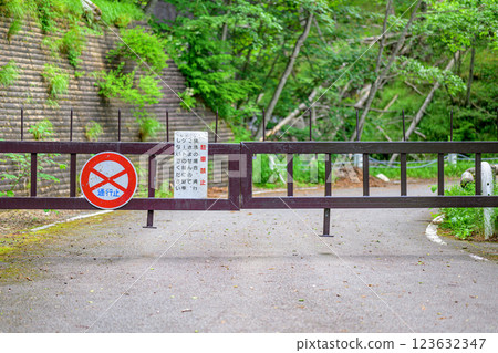 A no-entry barricade and a forest path brimming with greenery A no-entry barricade and a forest path brimming with greenery 123632347