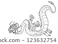 Red beetle doll playing on the back of a mother dragon and her child 123632754