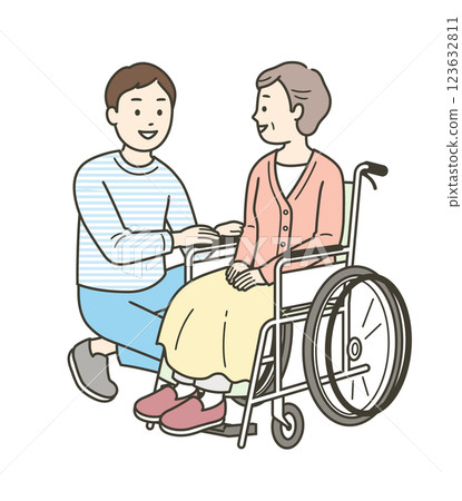 Full-body illustration set of an elderly woman in a wheelchair and a man assisting her 123632811