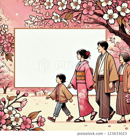 Family walking under the cherry blossoms 123633023