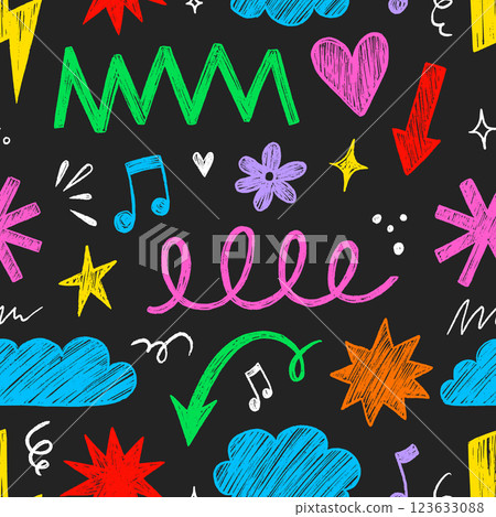 Kid shape color seamless pattern background. Crayon scribble fun children color hand drawn pencil brush shape seamless background. Abstract pattern crayon children pattern design. Vector Kid shape color seamless pattern background. Crayon scribble fun children color hand drawn pencil brush shape seamless background. Abstract pattern crayon children pattern design. Vector 123633088