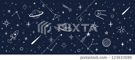 Space star vector kid universe background. Hand drawn doodle sketch style space cute galaxy background. Hand drawn kid galaxy universe pattern. Planet, rocket, star element. Vector Space star vector kid universe background. Hand drawn doodle sketch style space cute galaxy background. Hand drawn kid galaxy universe pattern. Planet, rocket, star element. Vector 123633090