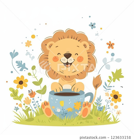 Cute lion holding giant coffee cup surrounded by flowers and plants Cute lion holding giant coffee cup surrounded by flowers and plants 123633158