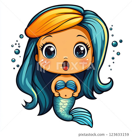 Surprised cute mermaid chibi with vibrant hair and sparkling bubbles Surprised cute mermaid chibi with vibrant hair and sparkling bubbles 123633159