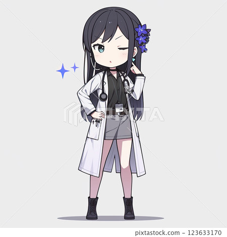 Chibi doctor character with stethoscope and flower in hair, playful pose Chibi doctor character with stethoscope and flower in hair, playful pose 123633170
