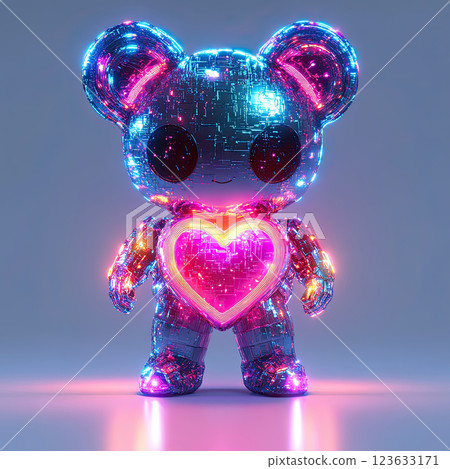 glowing cyberpunk bear character with heart shaped core, vibrant colors glowing cyberpunk bear character with heart shaped core, vibrant colors 123633171