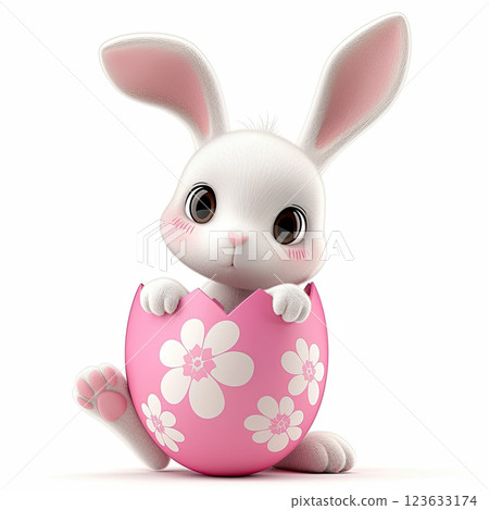 Cute bunny peeking out of pink egg with flowers, perfect for Easter 123633174