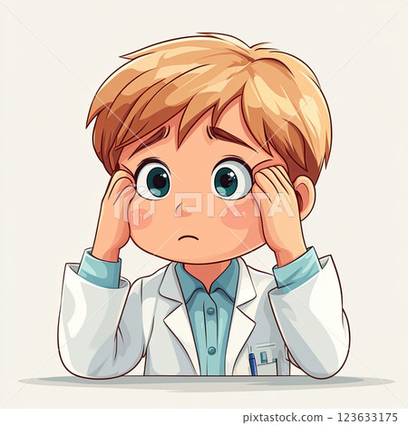 chibi doctor looking stressed, rubbing temples, and feeling tired 123633175
